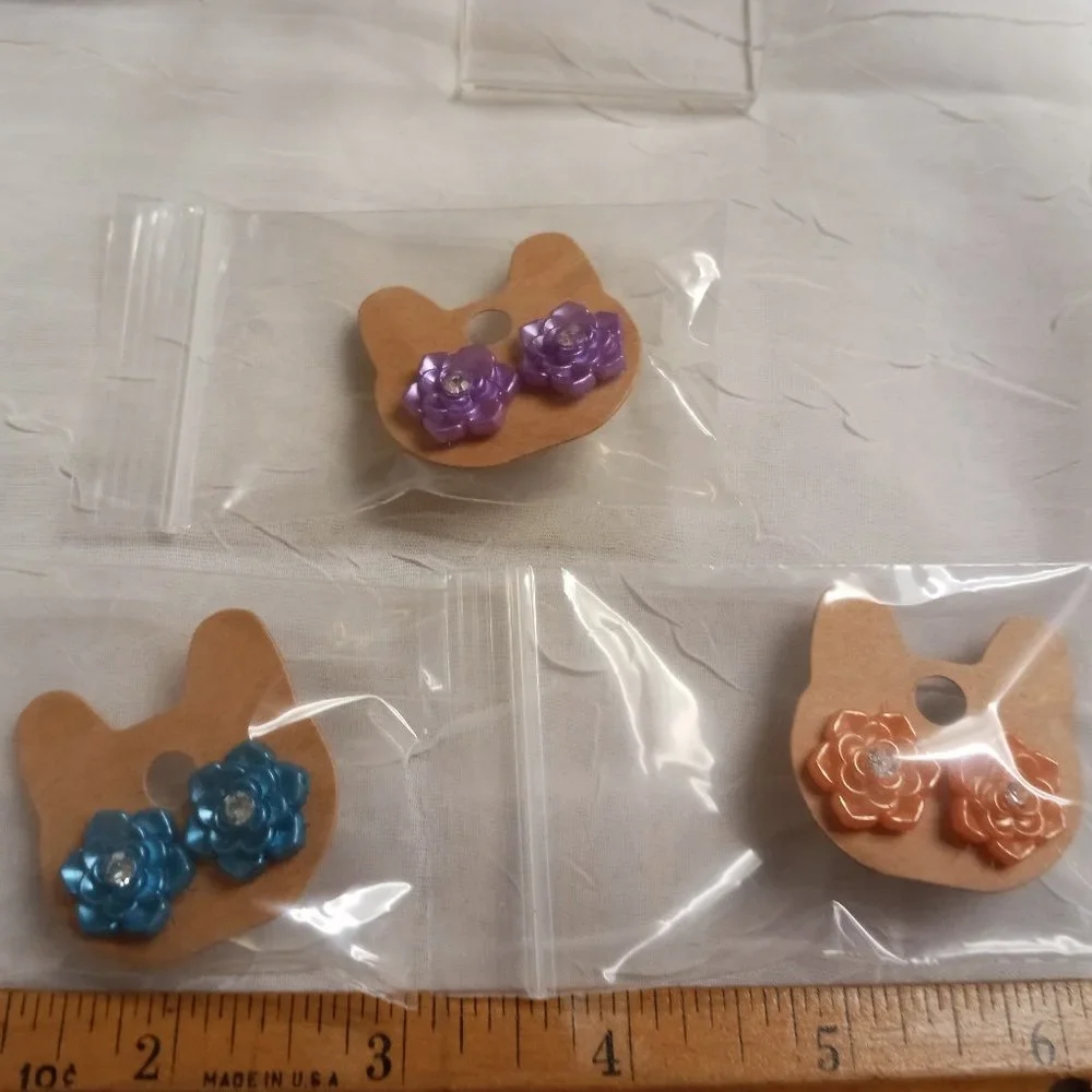 Three Pair Steel Handmade Hand Crafted Resin Flower Stud Earrings Jewelry #51 - Picture 14 of 14